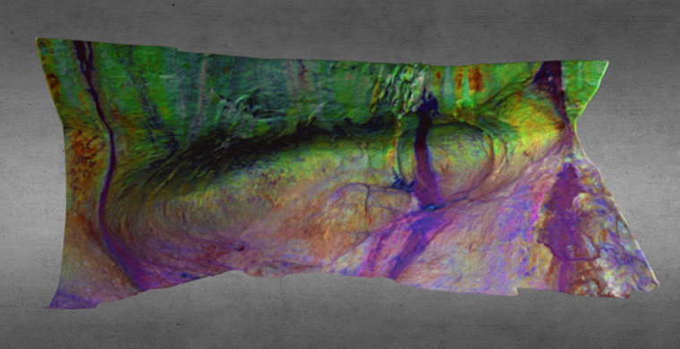 Modelo 3D Cova Centelles, sector derecho, abrigo inferior, falso color.