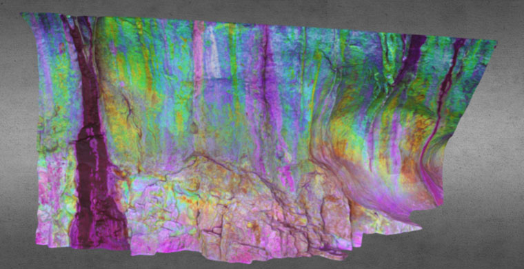 Modelo 3D Cova Centelles, sector izquierdo, friso superior, falso color.