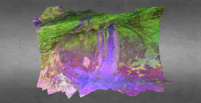 Modelo 3D del sector izquierdo de Cova dels Cavalls, falso color