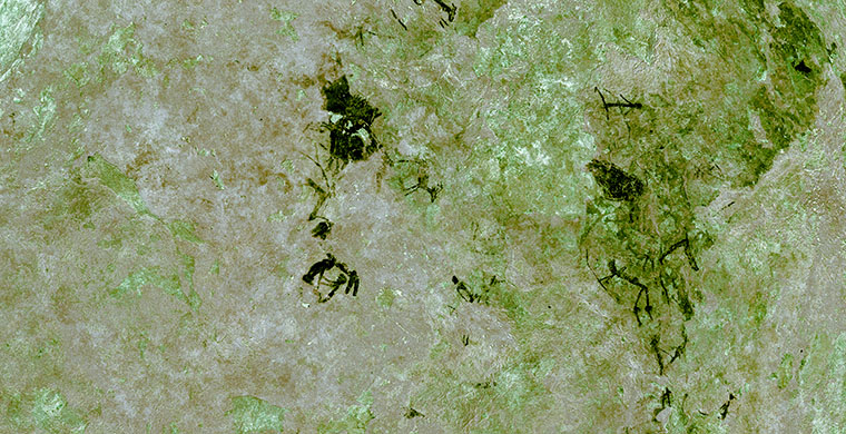 Fotografía gigapíxel cenital del abrigo V d'Ermites, falso color